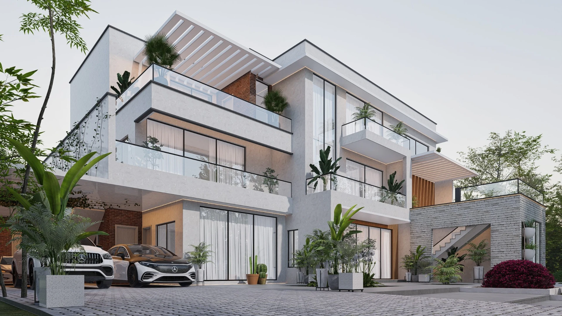 Contemporary multi-storey residence with glass balconies, white pergolas and landscaped grounds by Shining House Designs