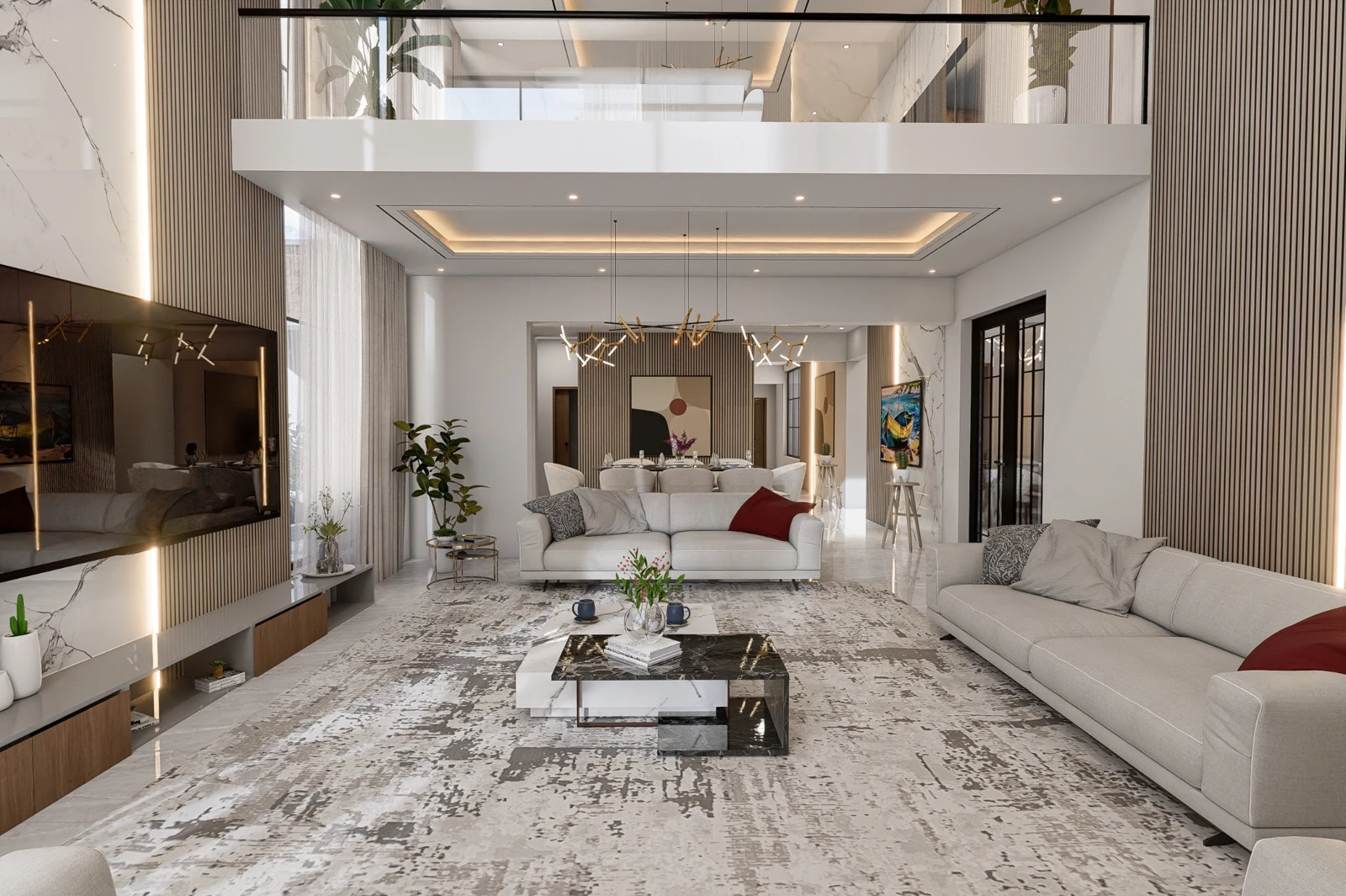 Double-height main lounge with white seating and warm architectural lighting